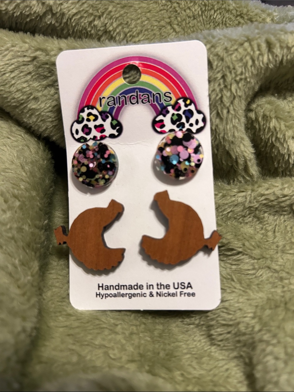 Wooden Chicken & Glitter Stud Earring Set - Brown & Multicolor